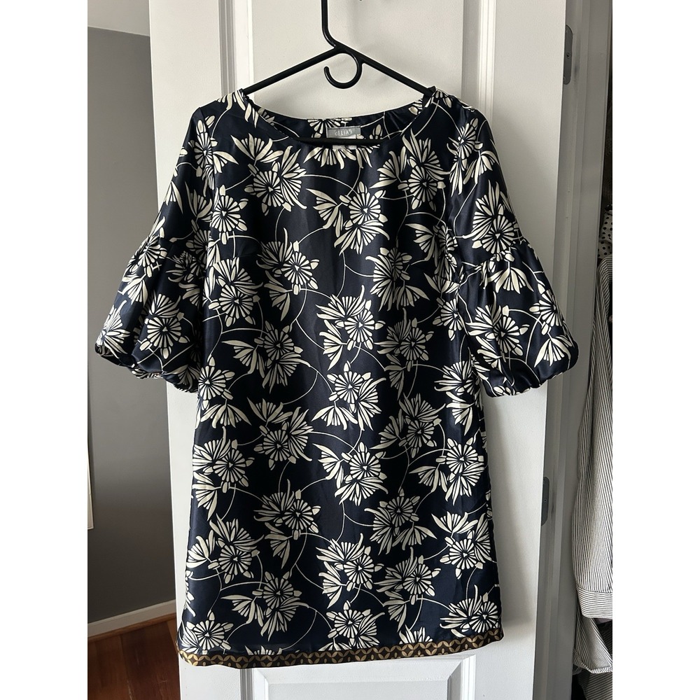 VTG Delia's Navy Floral Dress Brown Trim Balloon Sleeves Size Medium